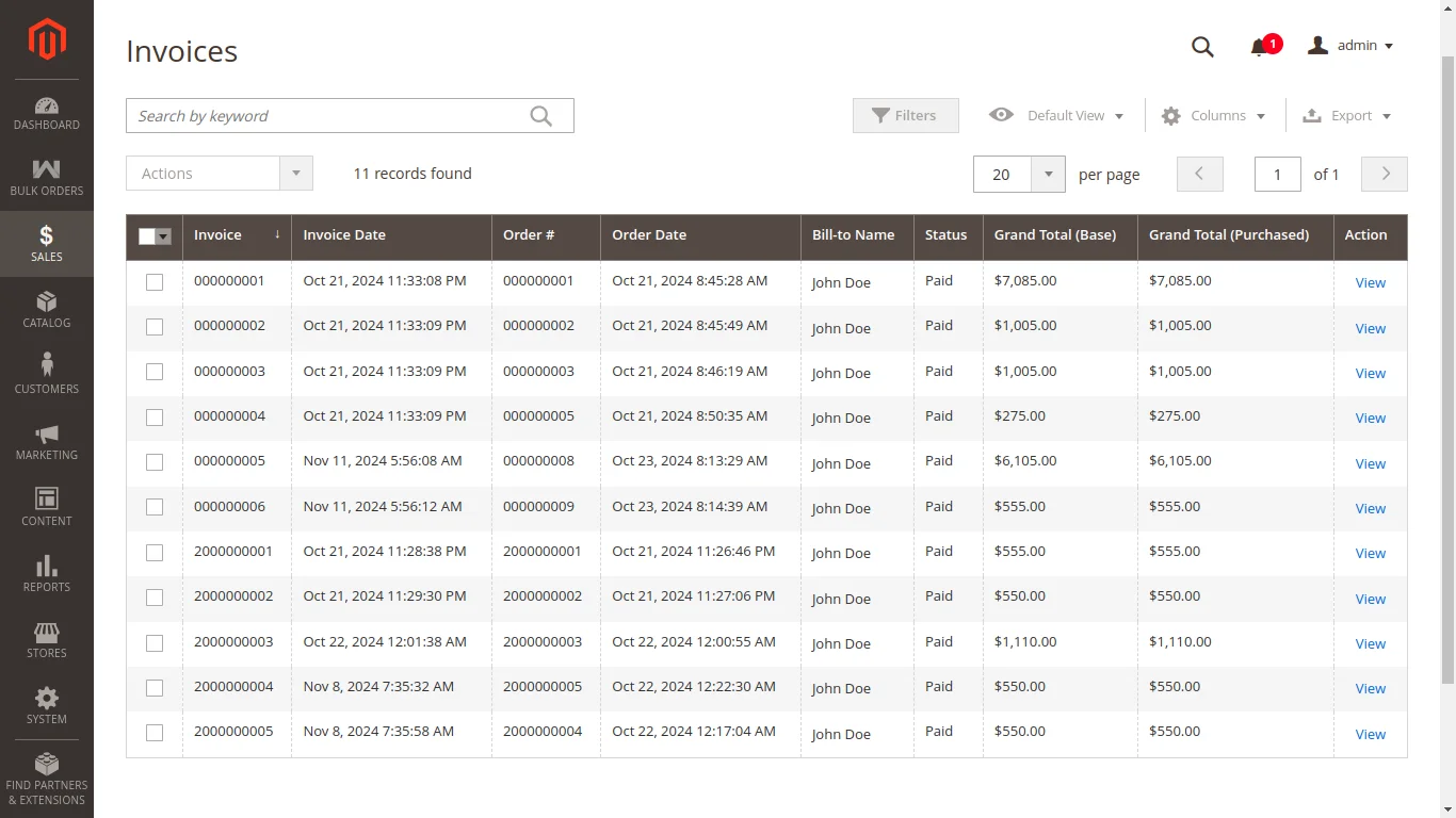 magento 2 bulk order processing default invoices