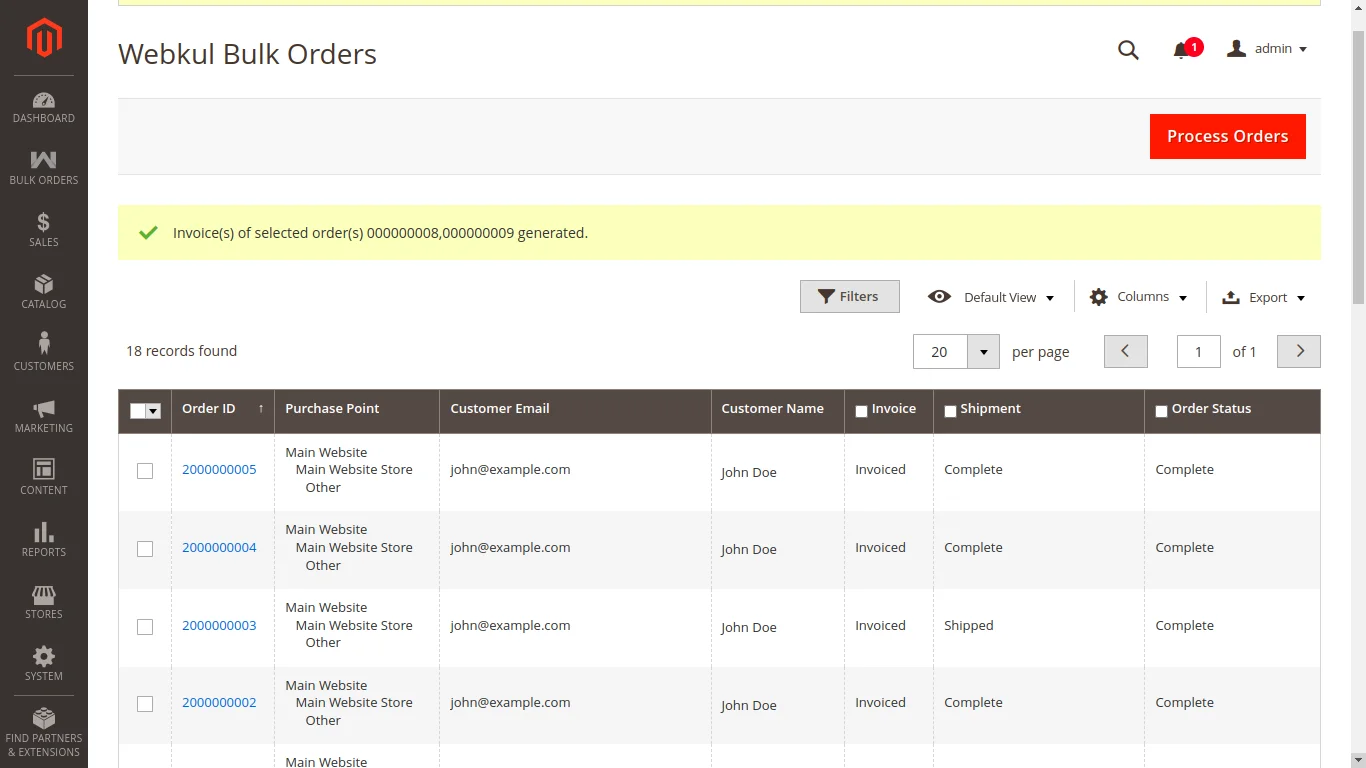 magento 2 bulk order processing orders invoiced