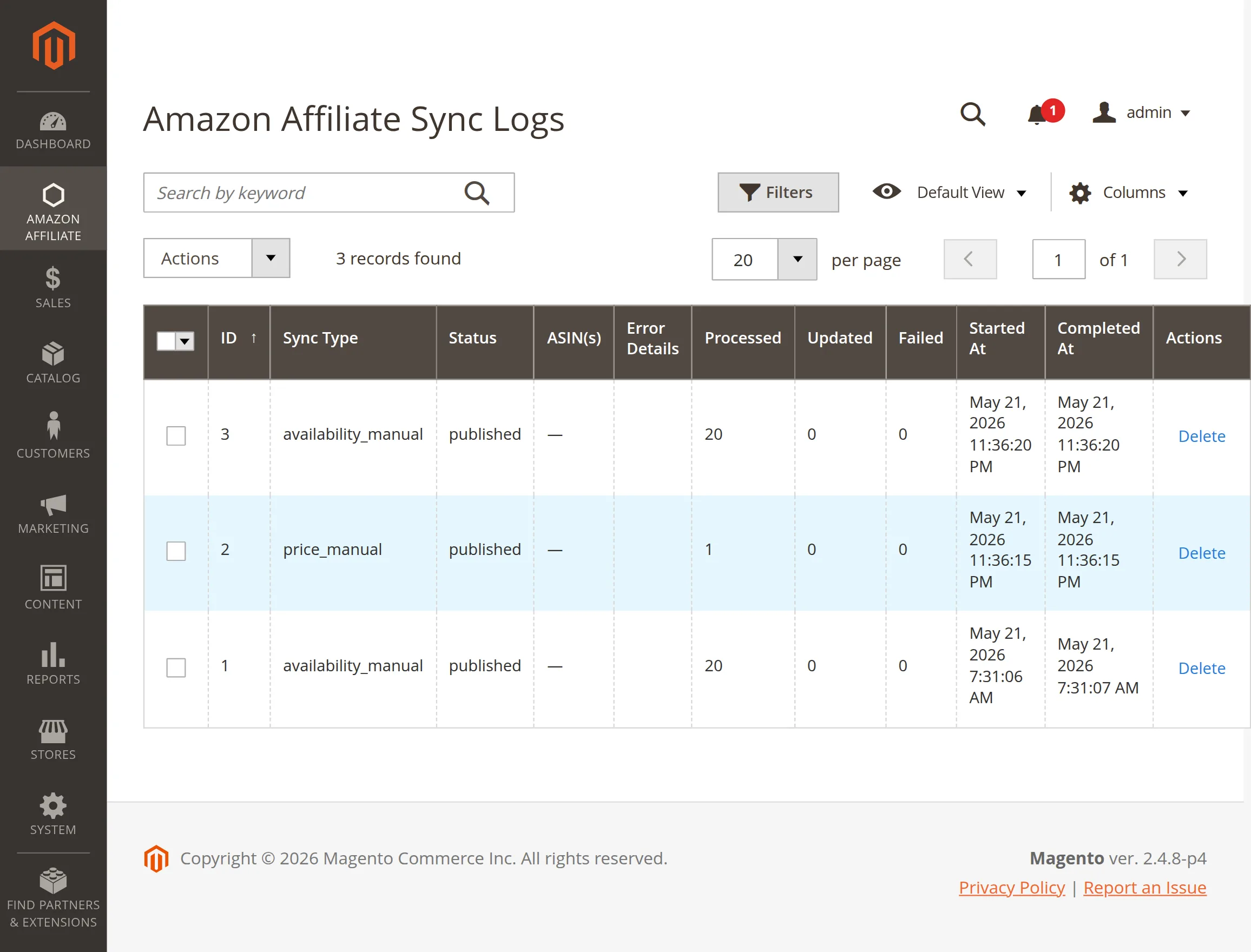 Magento 2 Amazon Affiliate synclogs