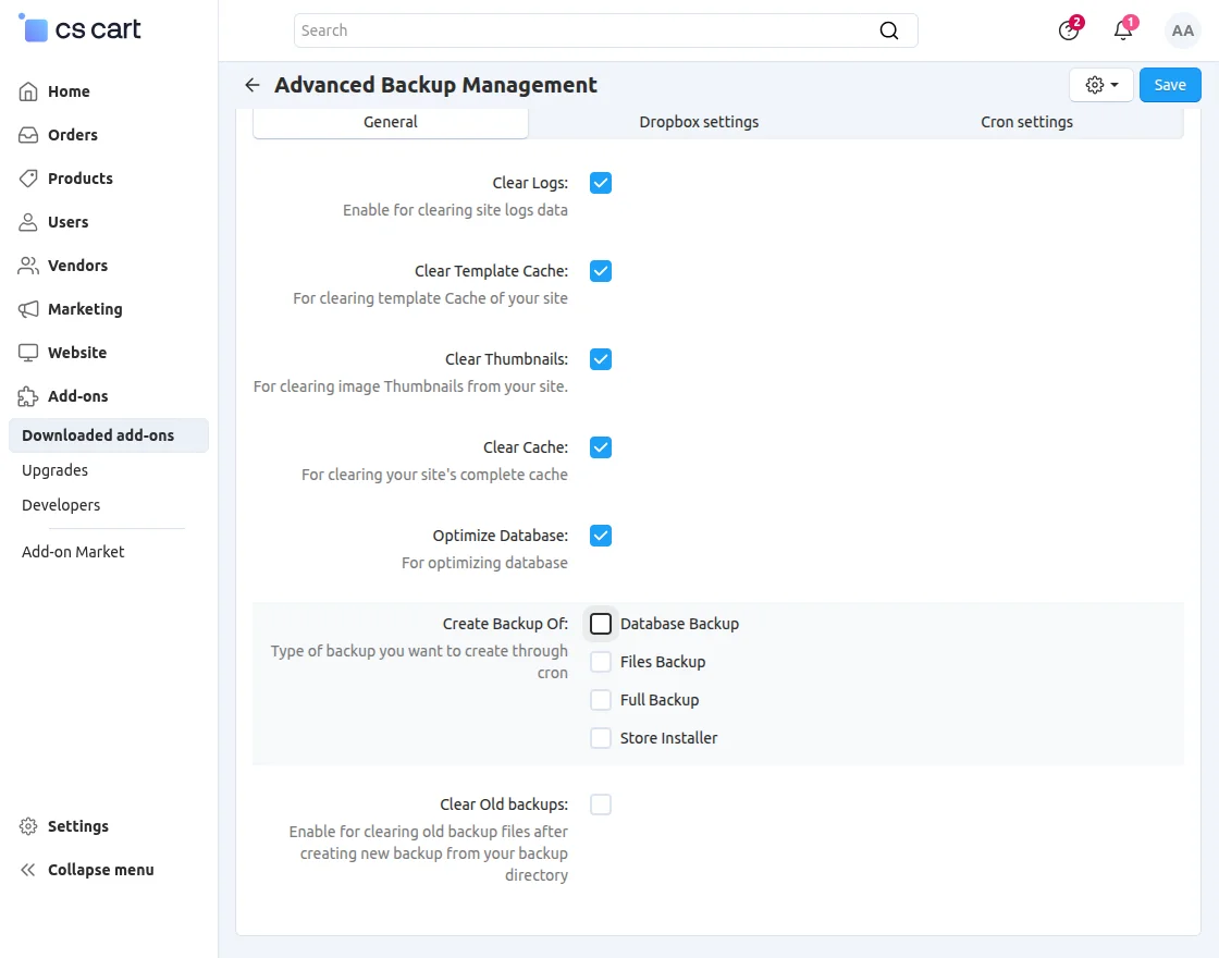 CS-Cart Advanced Backup Management Addon Configuration