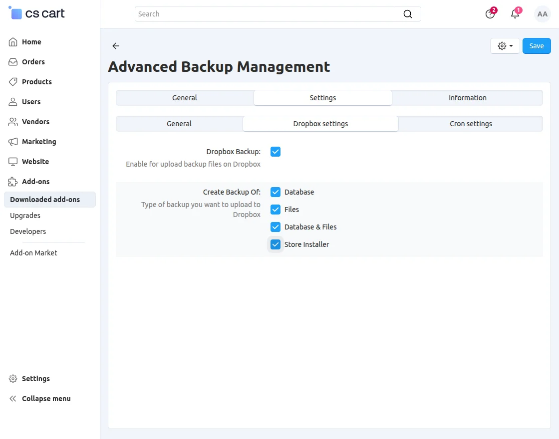 CS-Cart Dropbox settings
