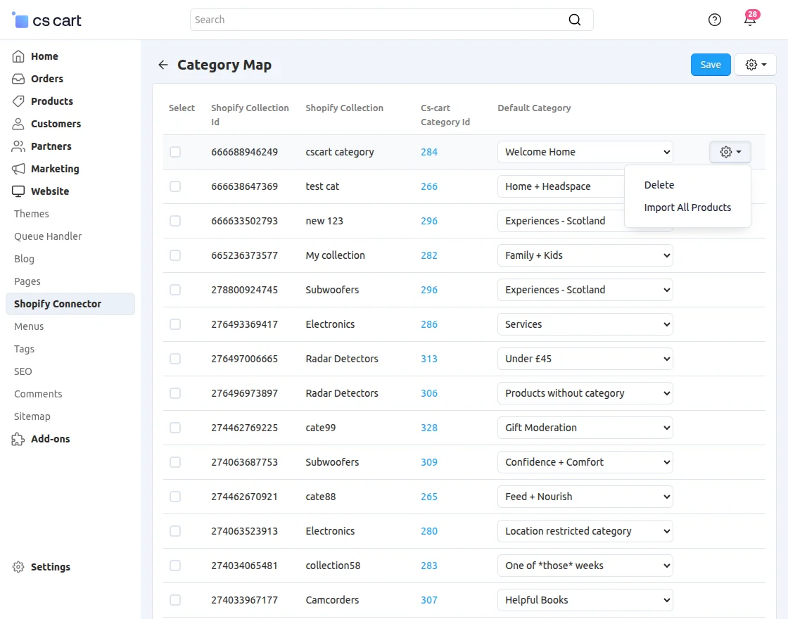 CS-Cart import products after category map