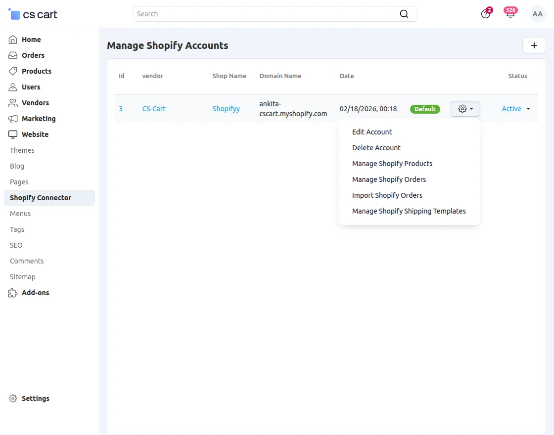 CS-Cart Shopify account