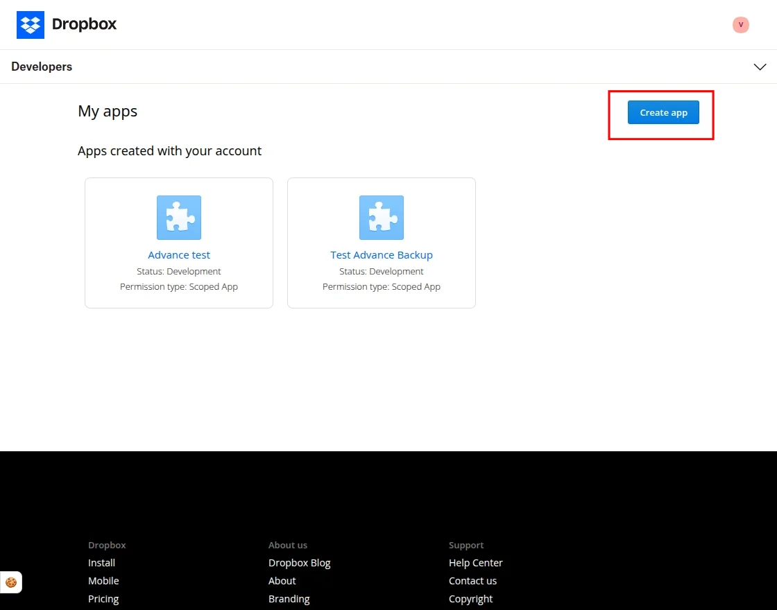 Create app in Dropbox