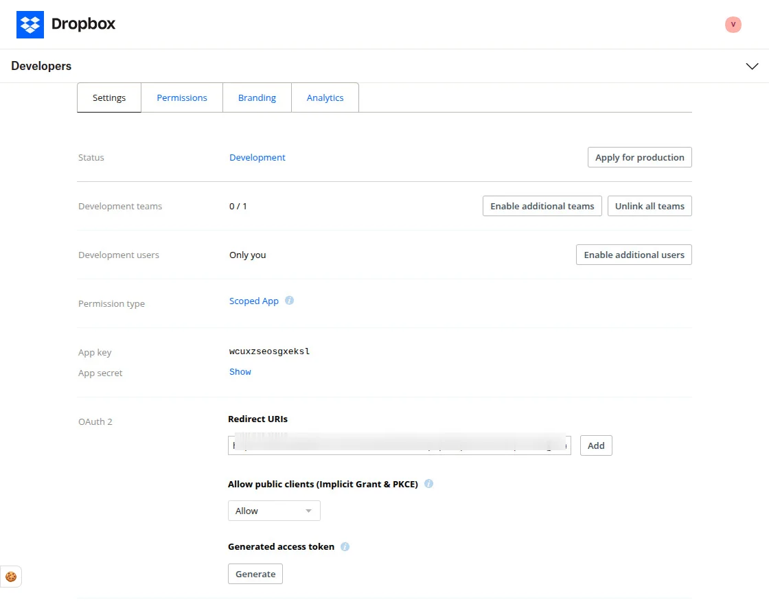 Dropbox Settings