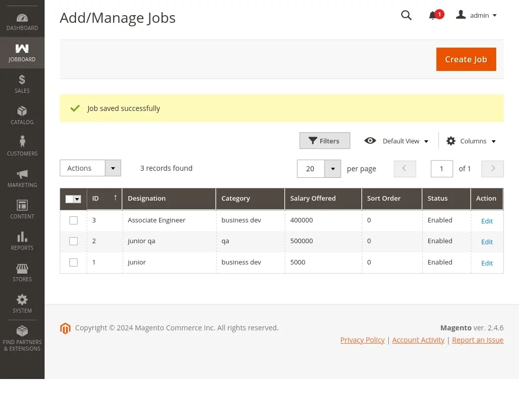 Job Save Edit Option Job-Board-Job-Saved-Successfully