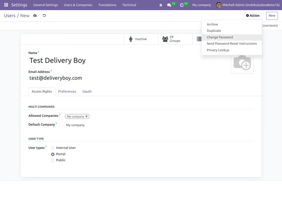 change the password for delivery boy app