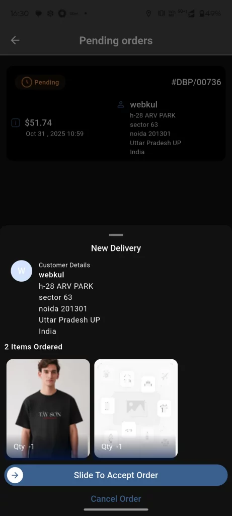 slide to accept the order