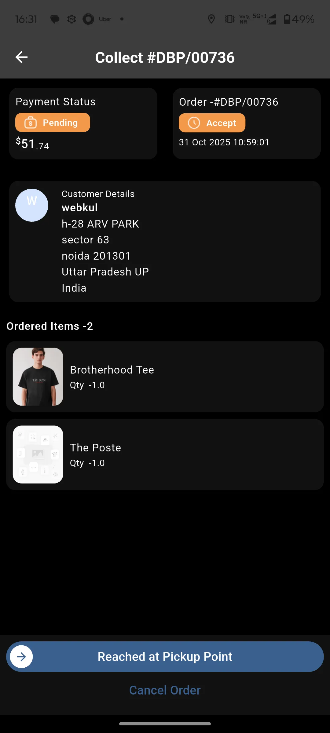 mark reached at pickup point