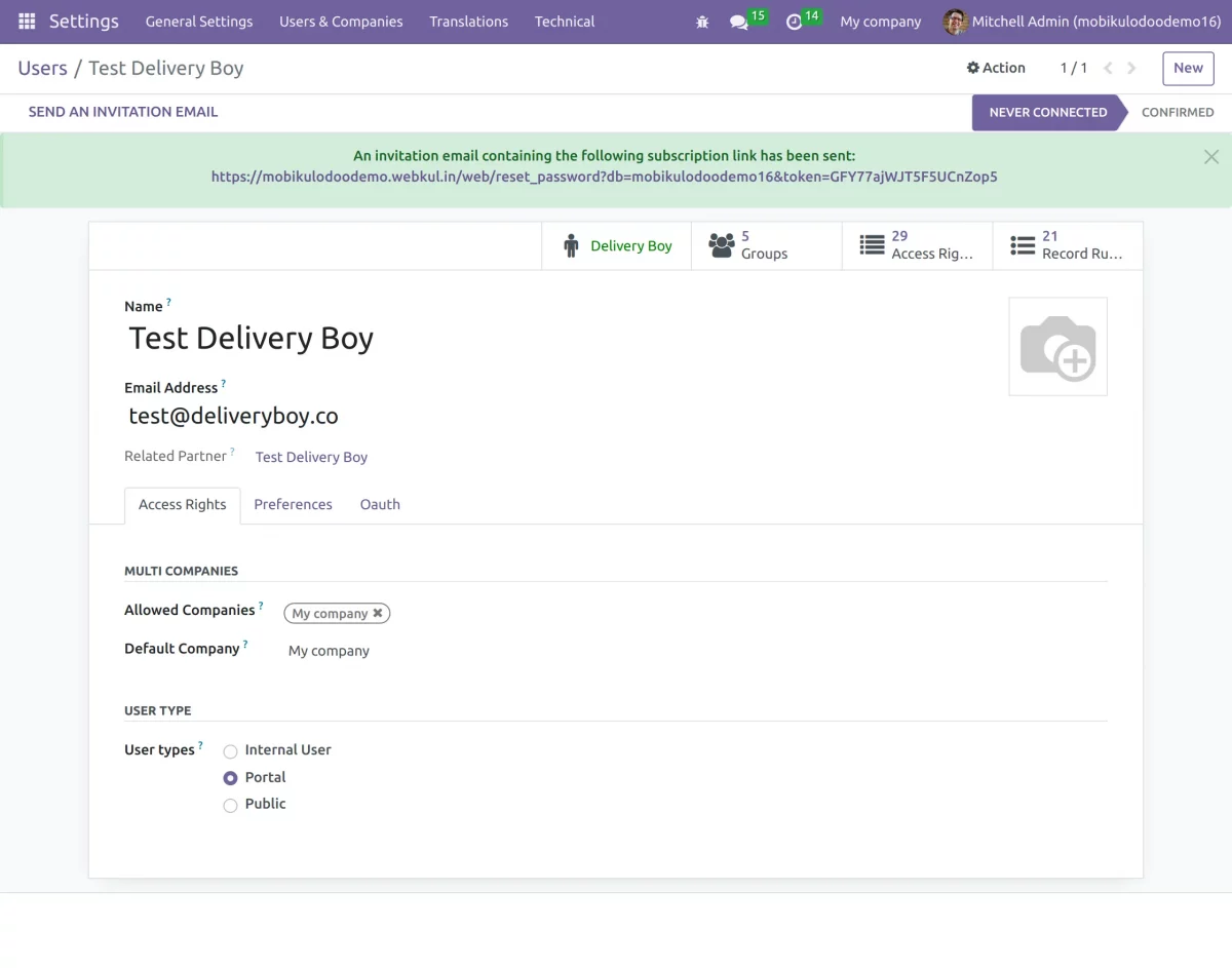 created portal user for delivery boy application