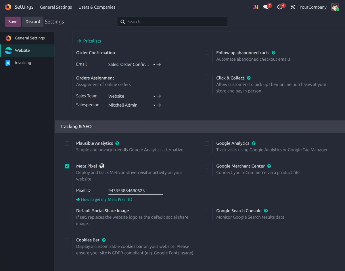 configure meta pixel in odoo