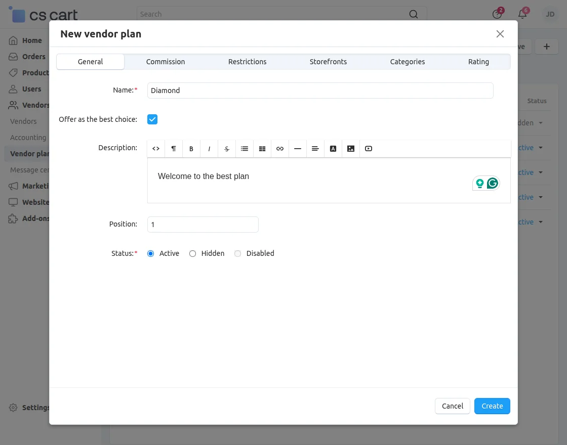 CS-Cart add new vendor plan
