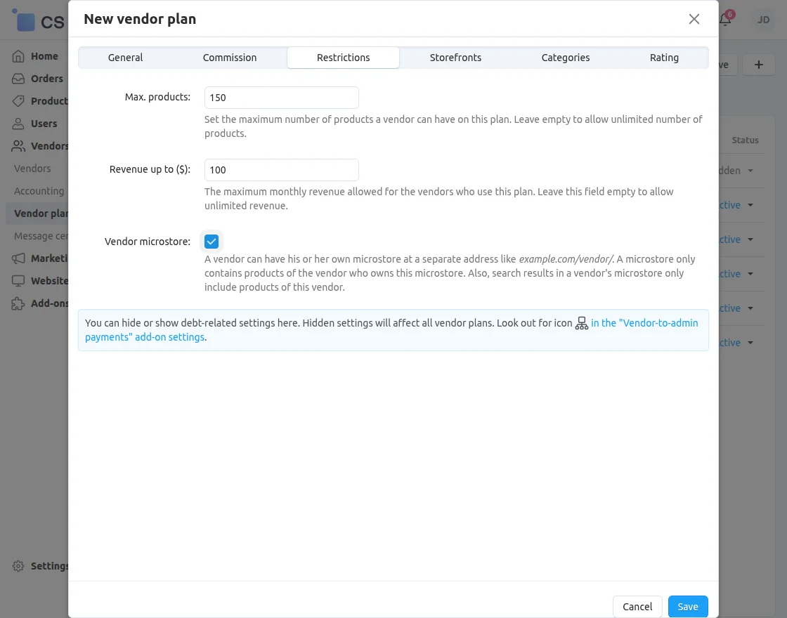CS-Cart vendor plan restrictions