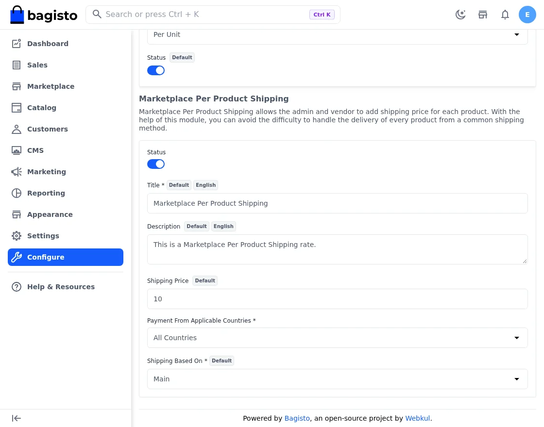 laravel marketplace per product shipping admin settings