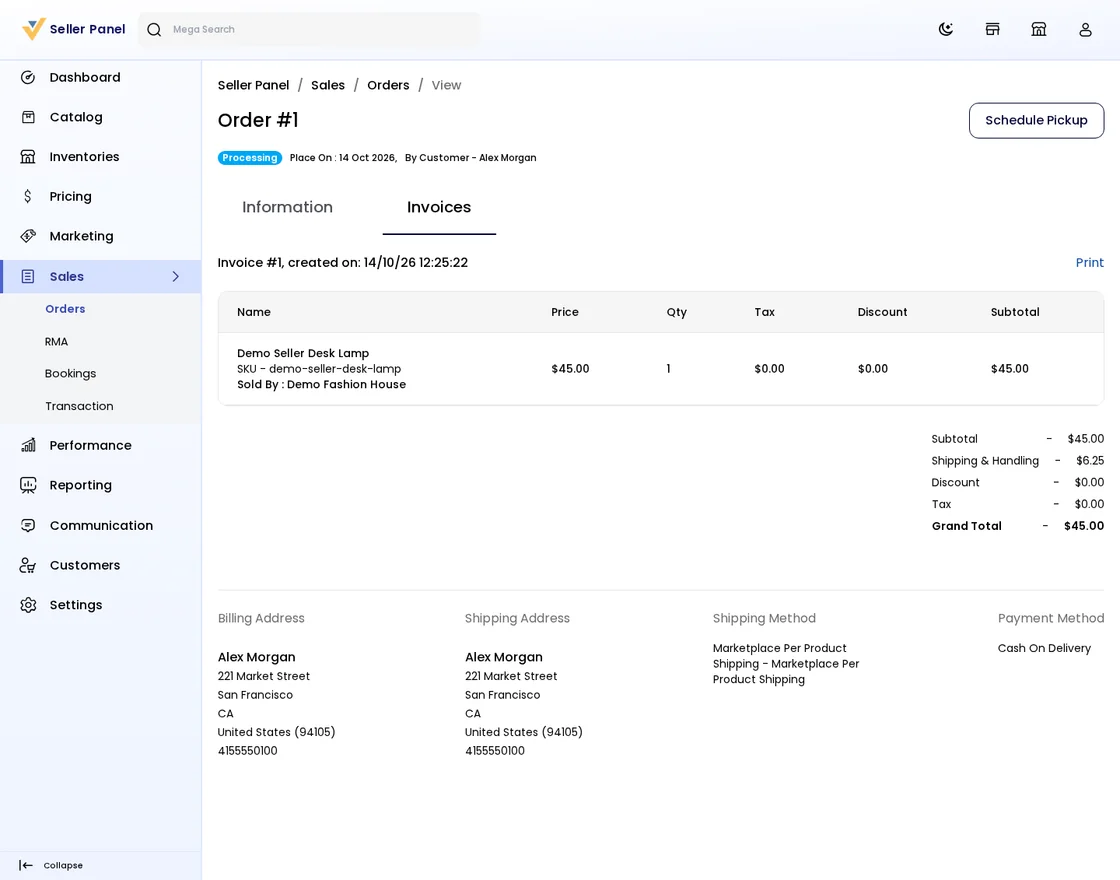Marketplace Per Product Shipping seller order list Create Invoice
