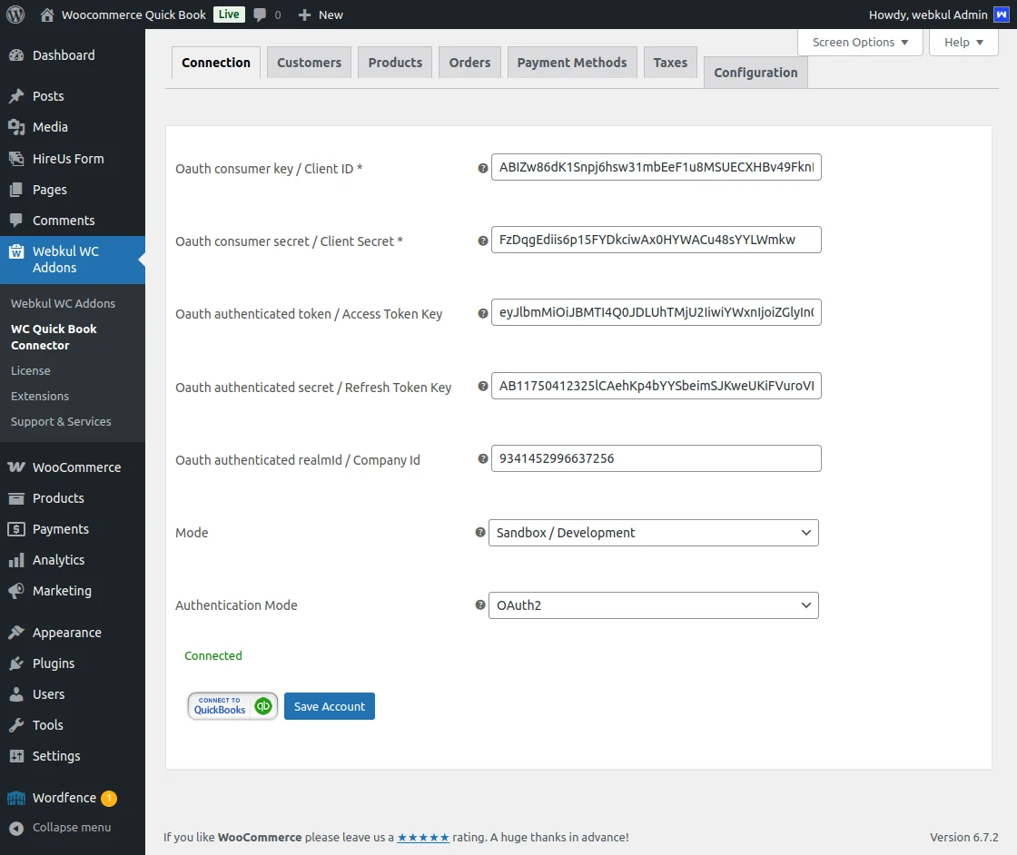 WooCommerce QuickBook Connector Connection