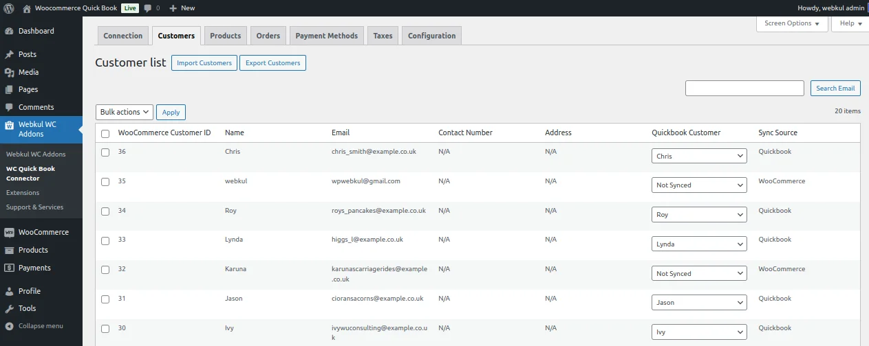 WooCommerce QuickBook Connector- Customers 