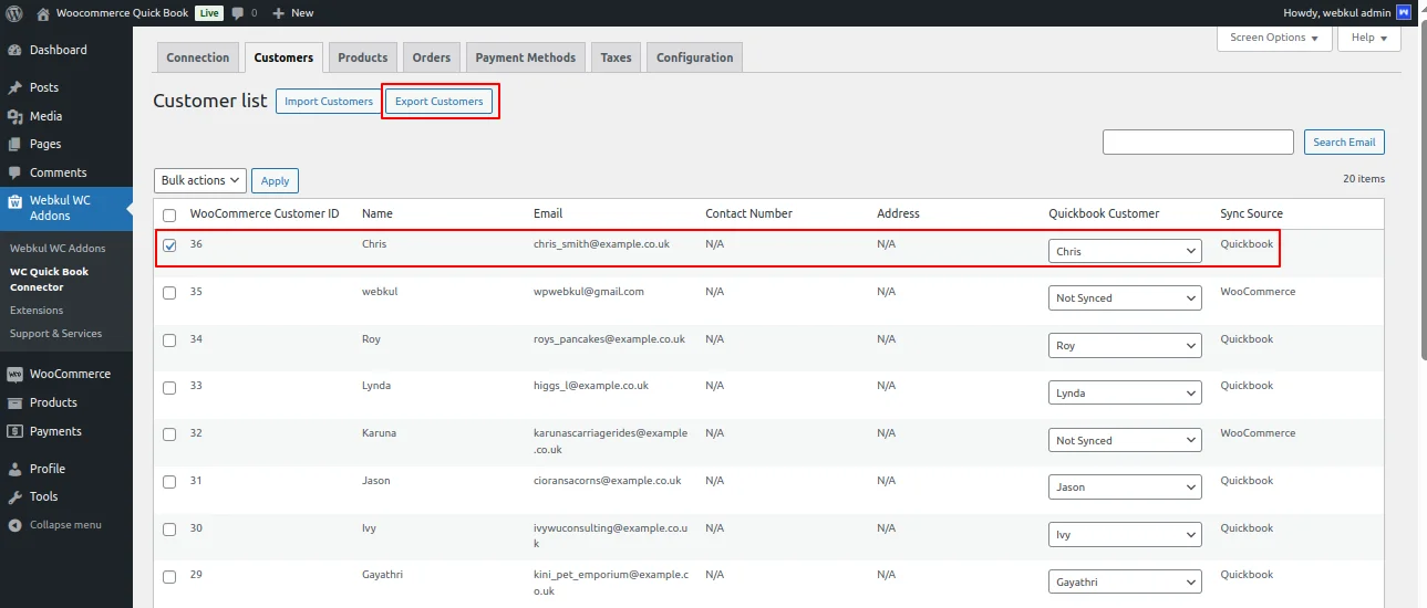 WooCommerce QuickBook Connector- Customers- Export
