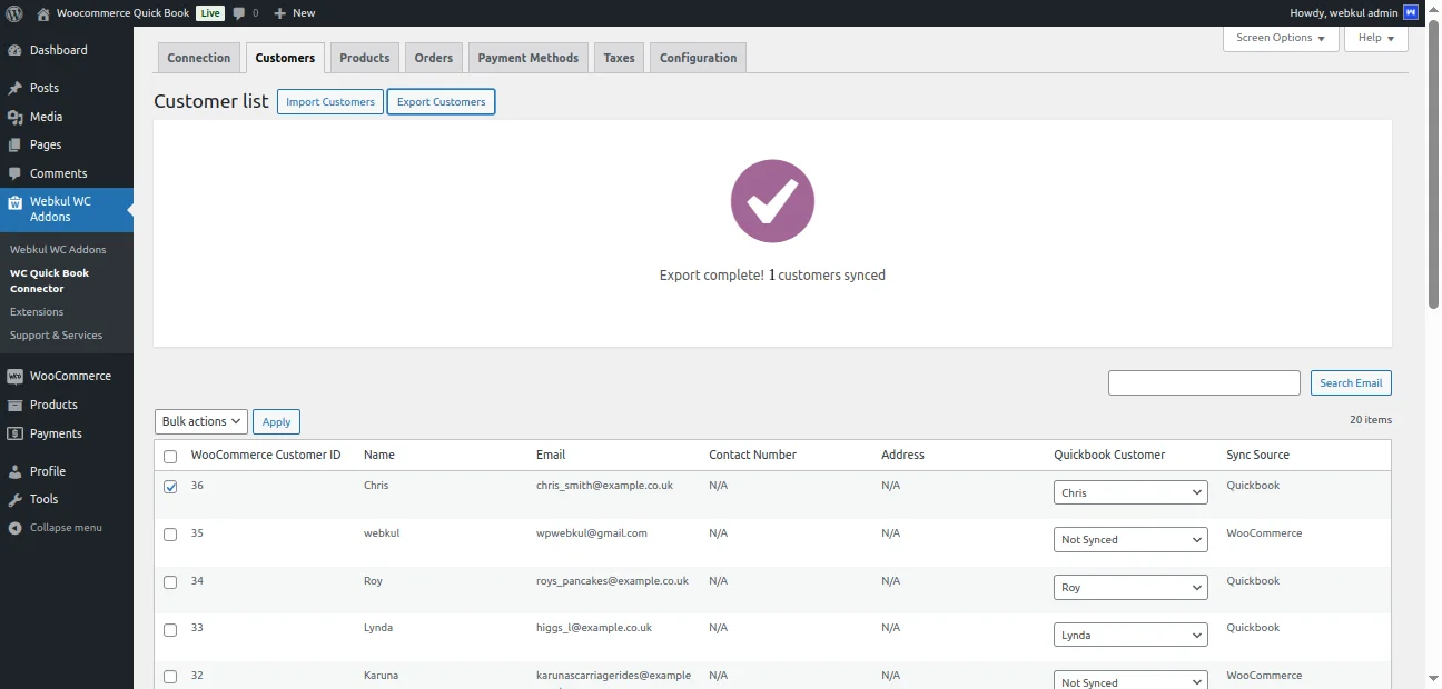 WooCommerce QuickBook Connector- Customers- Export Done 