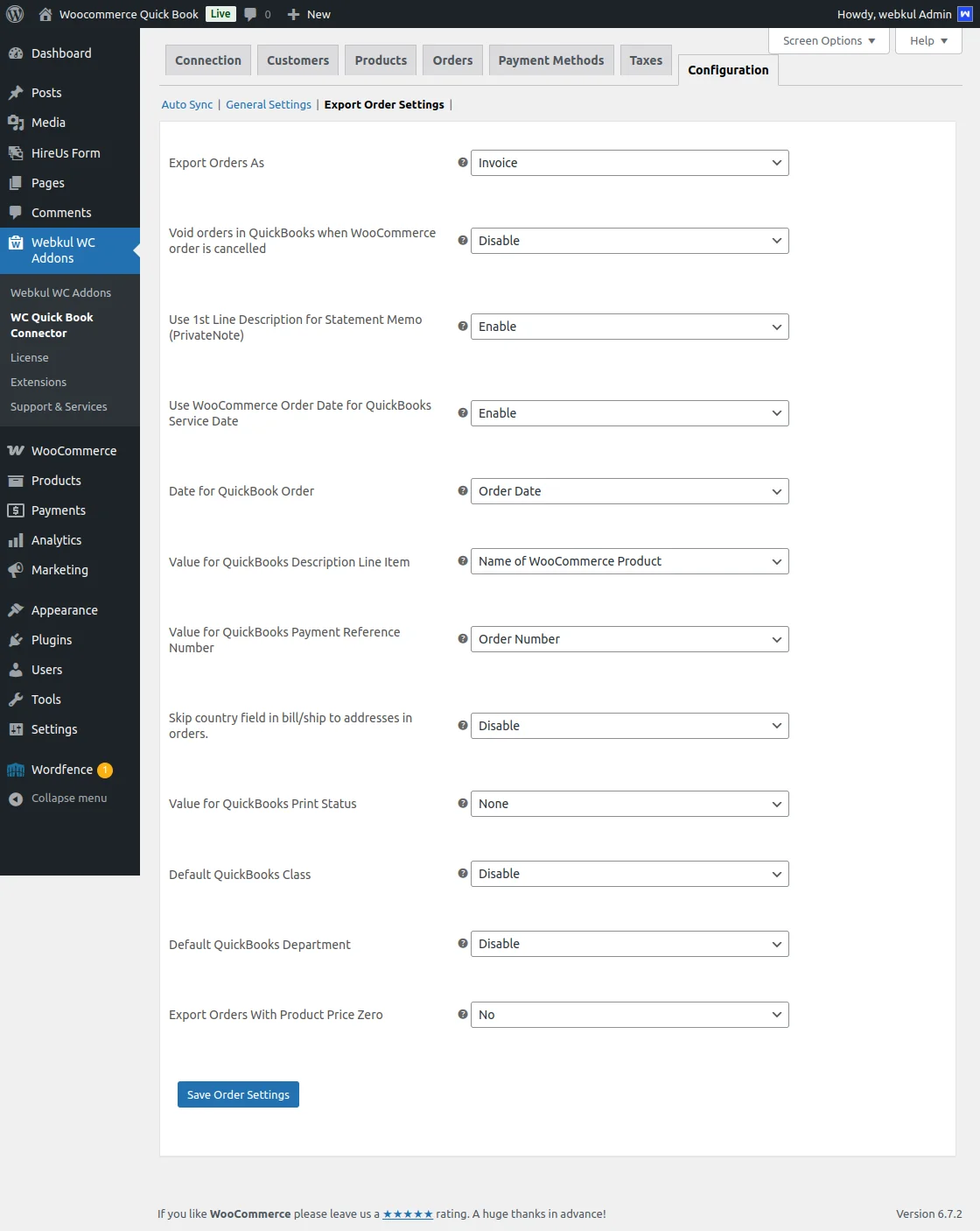 WooCommerce QuickBook Connector Export Order Settings 
