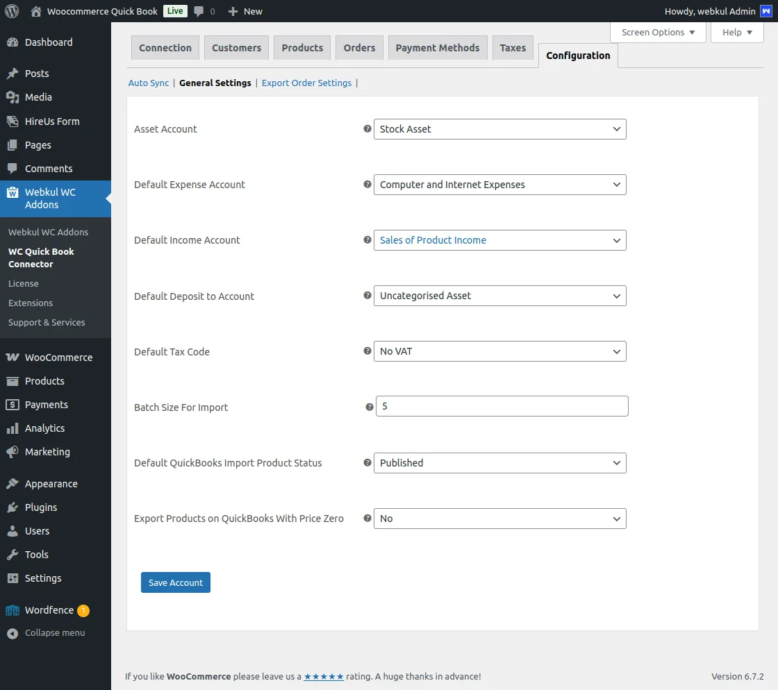 WooCommerce QuickBook Connector Configuration General Settings 