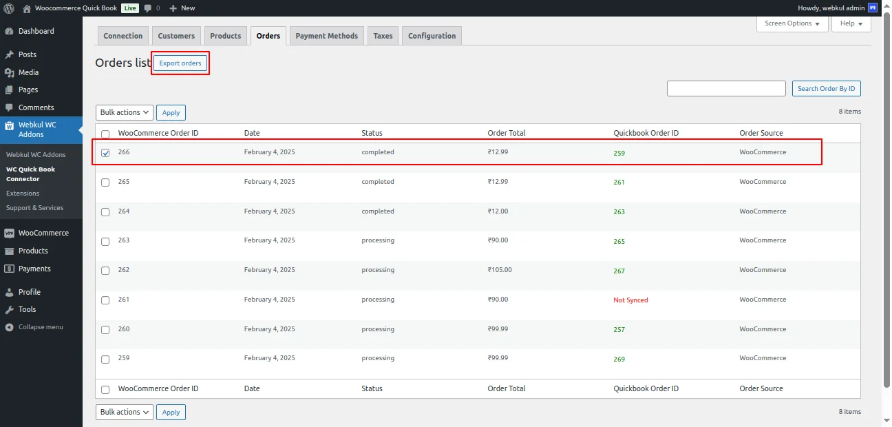WooCommerce QuickBook Connector- Orders- Export 