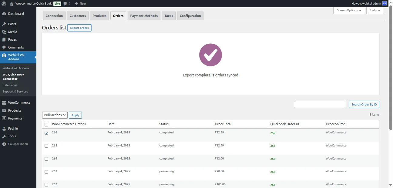 WooCommerce QuickBook Connector- Orders- Export Done 