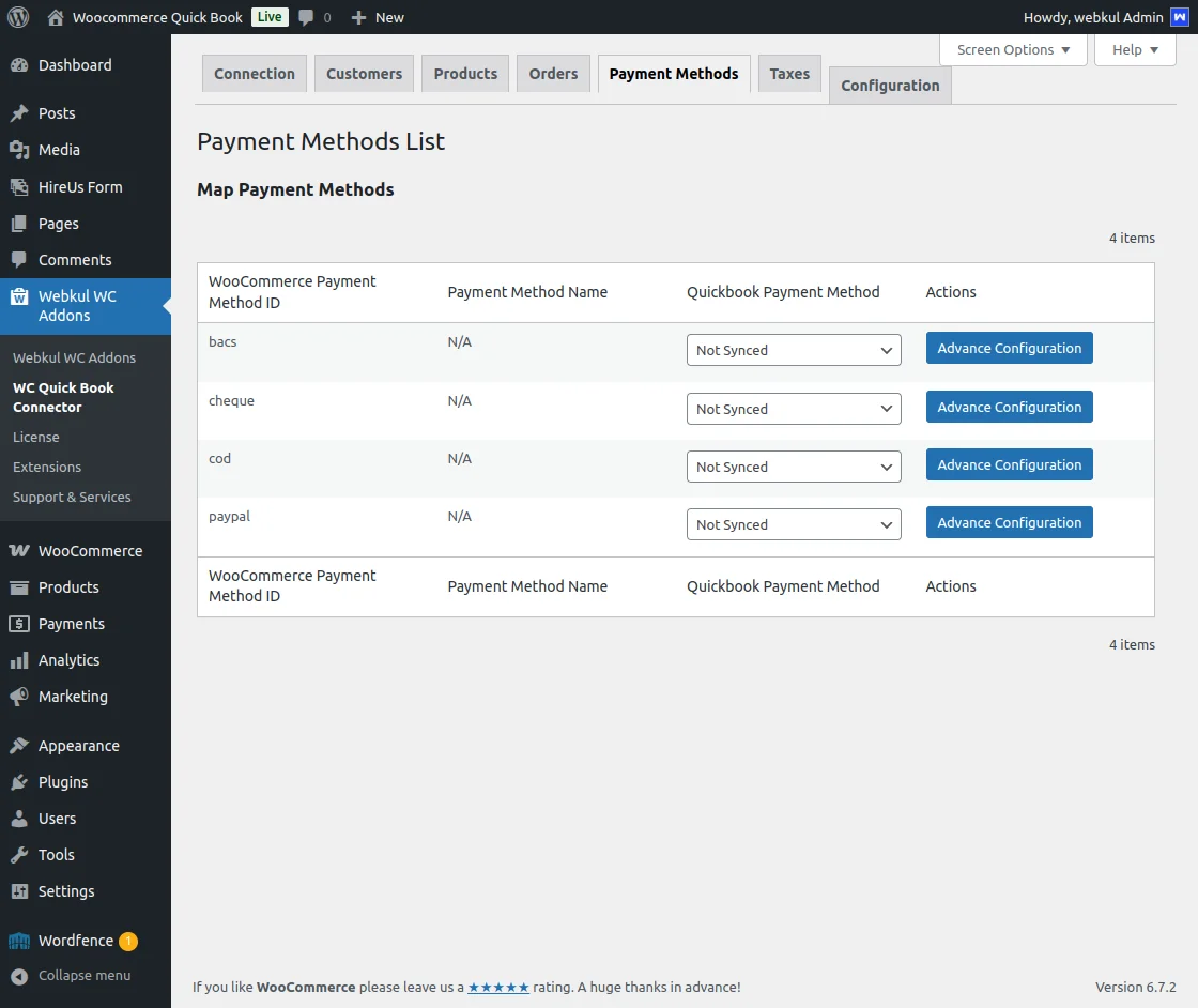 WooCommerce QuickBook Connector Payment Methods 
