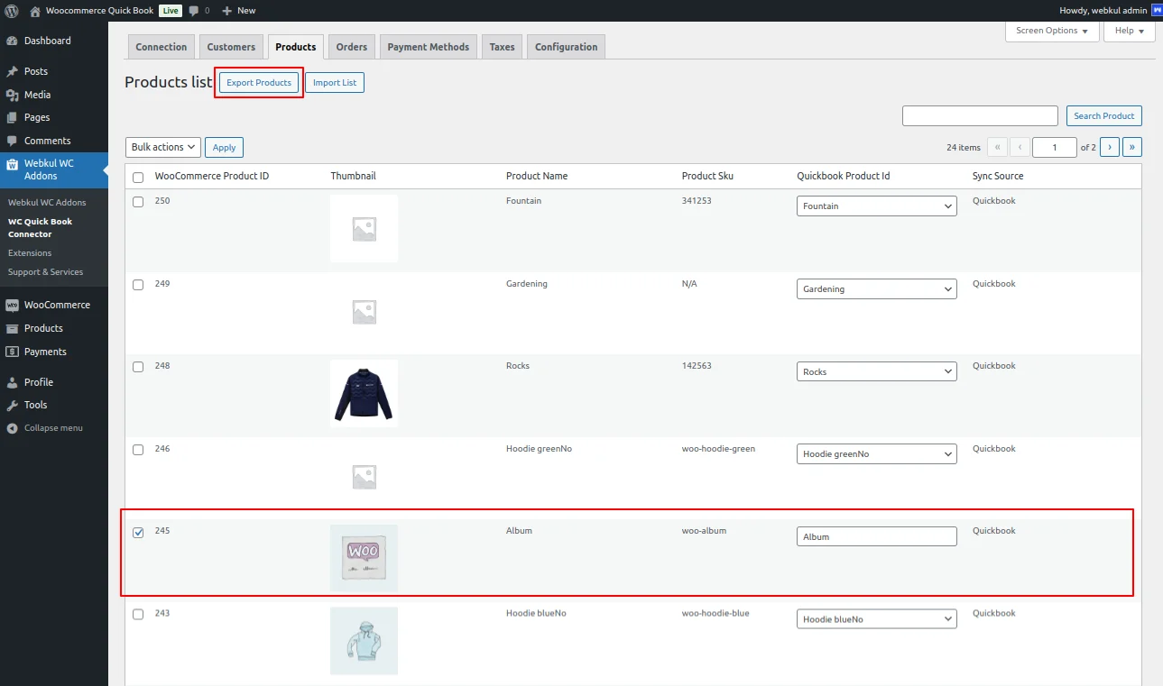 WooCommerce QuickBook Connector- Products- Export 