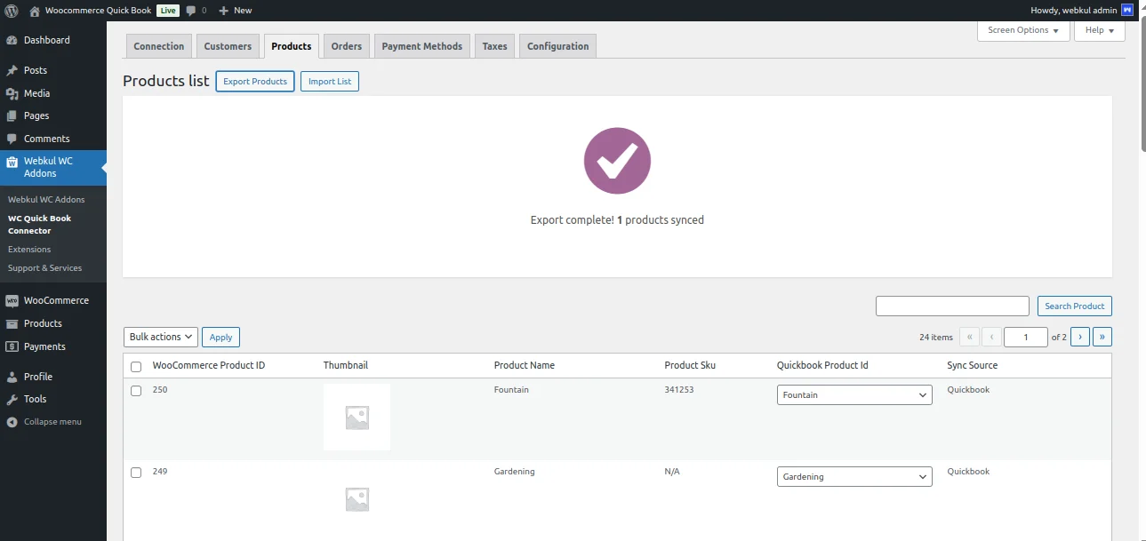 WooCommerce QuickBook Connector- Products- Export Done