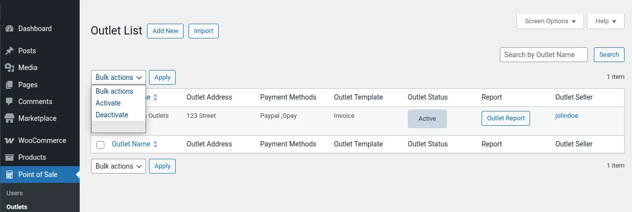 outlet list bulk action
