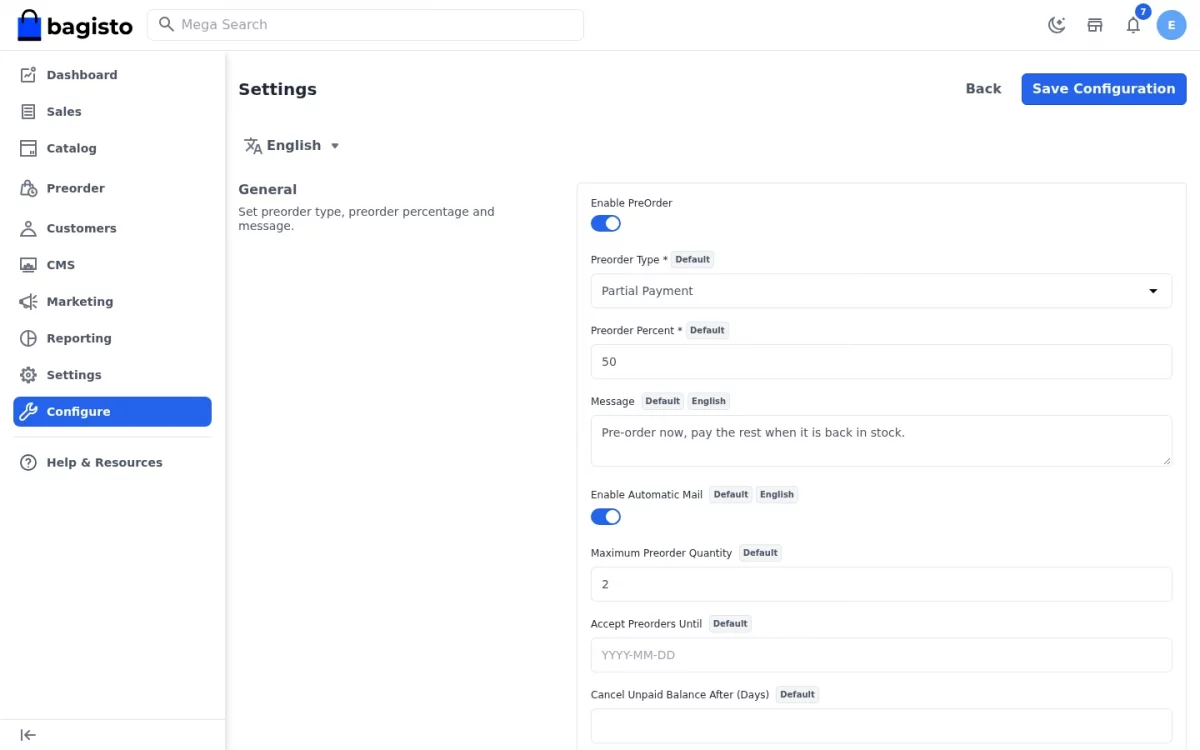 Bagisto Pre Order module general settings page showing all eight configuration fields