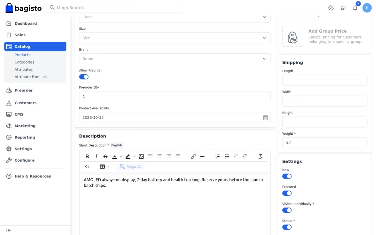 Bagisto Pre Order module product edit page showing Allow Preorder, Preorder Qty and Product Availability fields