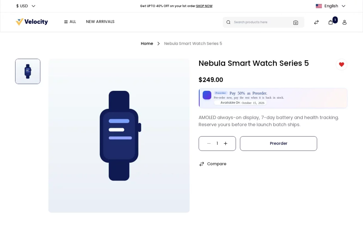 Bagisto Pre Order module product page showing the Preorder button and the pre-order information card