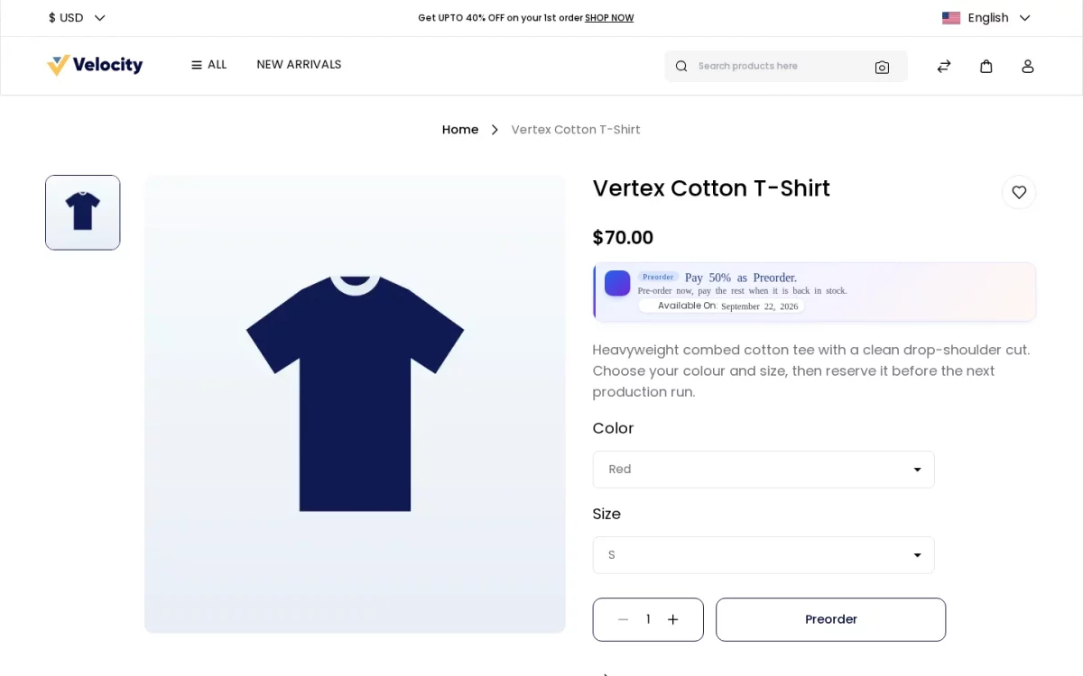 Bagisto Pre Order module configurable product page with size options and the Preorder button