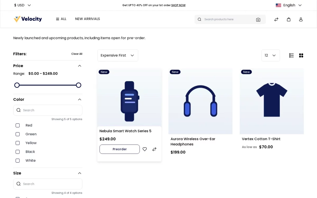 Bagisto Pre Order module category listing page showing the Preorder button on a product card