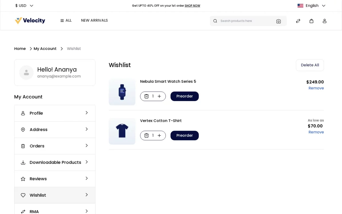 Bagisto Pre Order module customer wishlist showing the Preorder button
