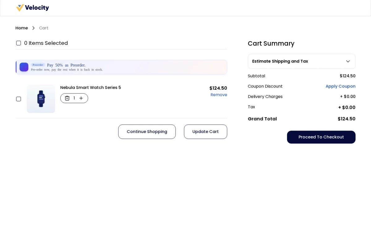 Bagisto Pre Order module shopping cart showing the pre-order notice and the partial amount
