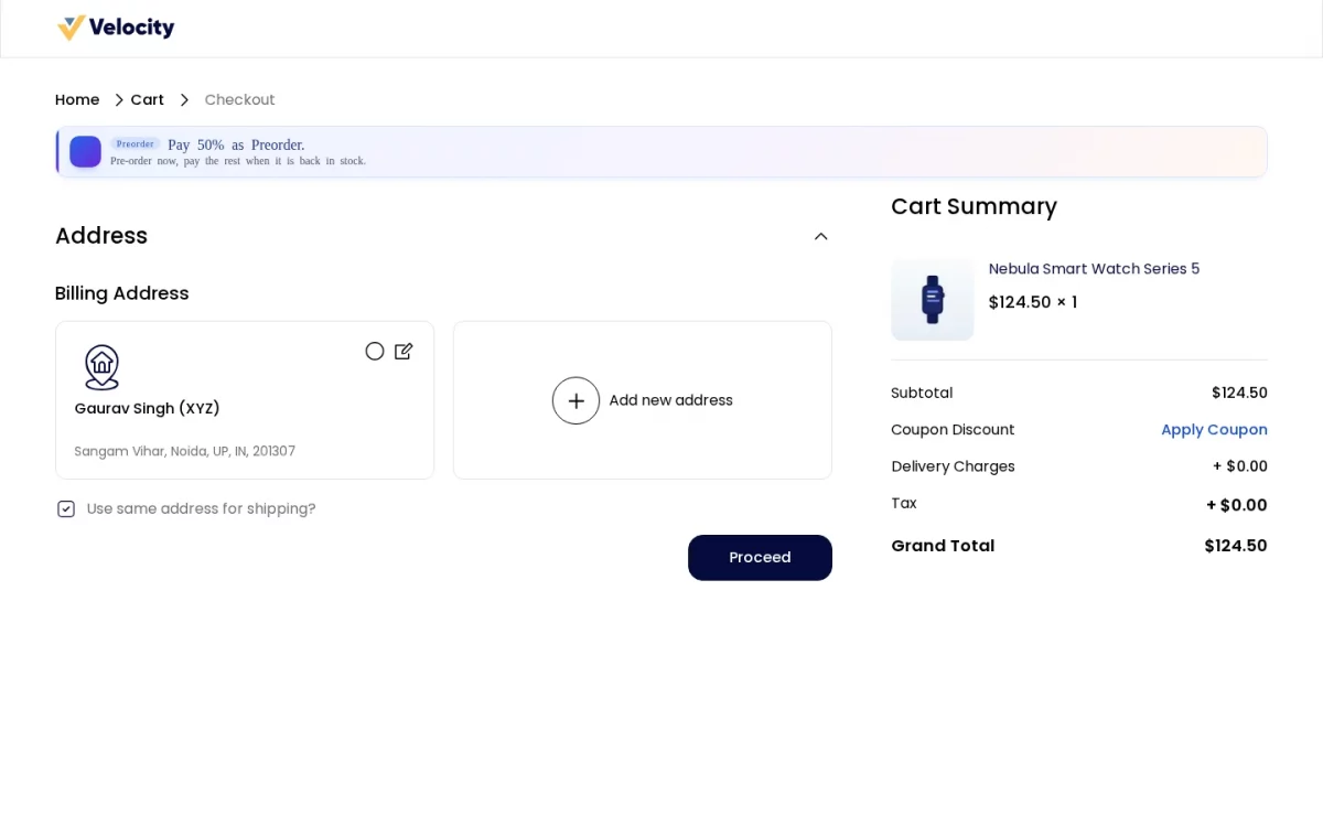 Bagisto Pre Order module checkout page showing the pre-order notice above the address form