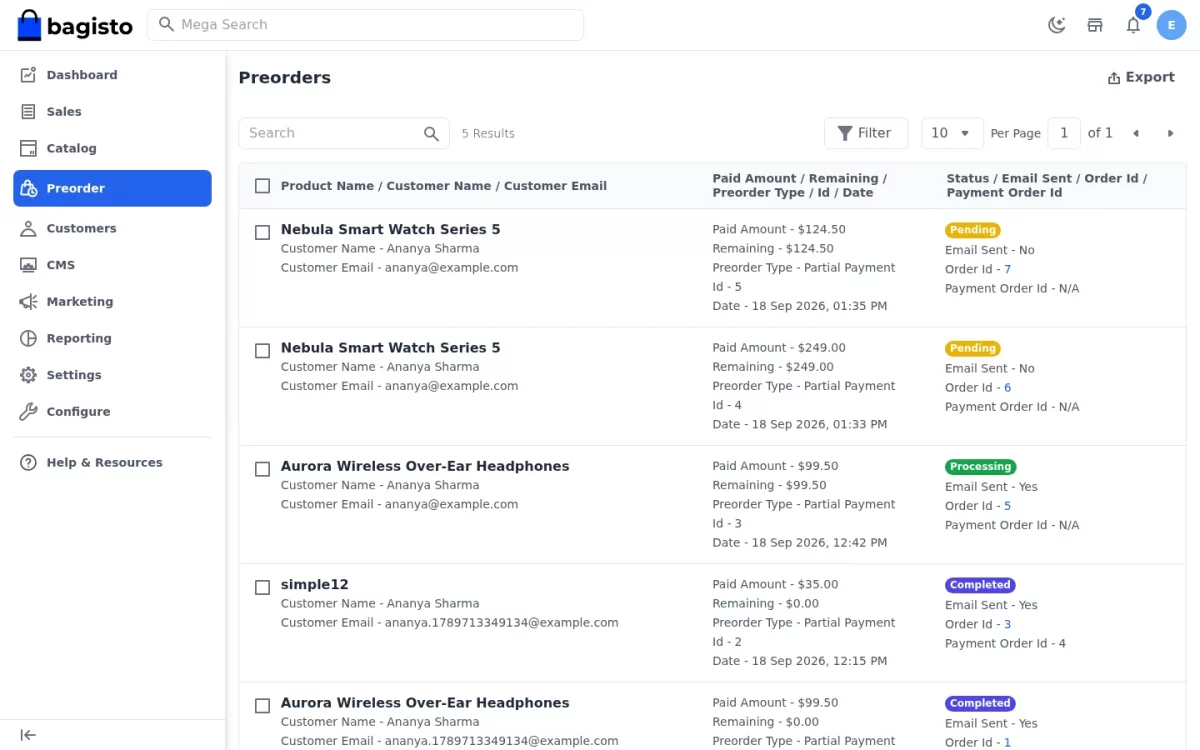 Bagisto Pre Order module admin Preorders grid listing customer names, paid and remaining amounts
