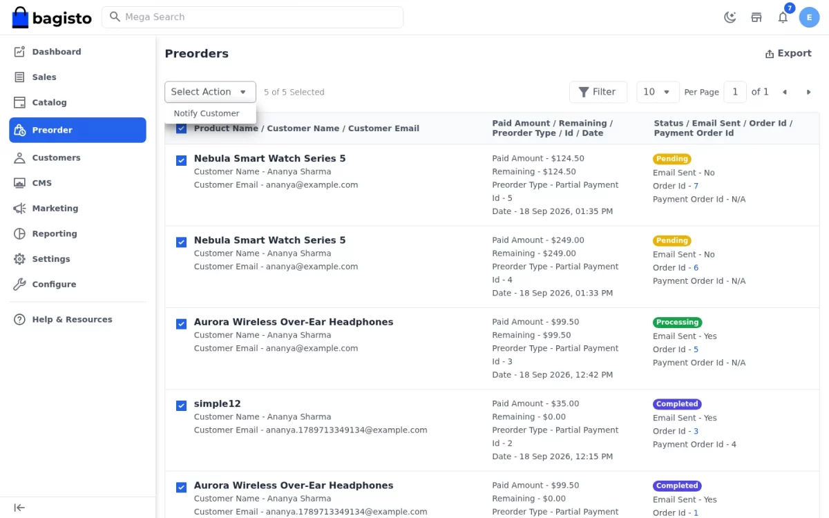 Bagisto Pre Order module admin grid with rows selected and the Notify Customer action open
