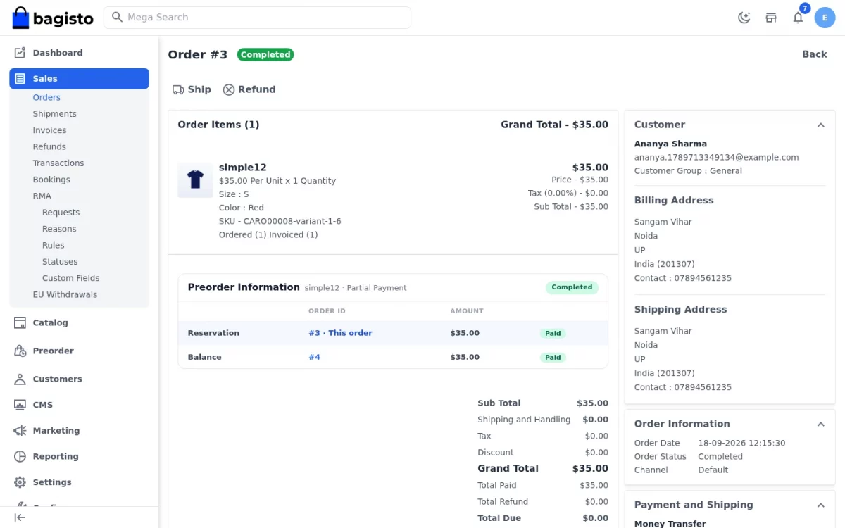 Bagisto Pre Order module admin order page showing the Preorder Information panel with the reservation and balance orders