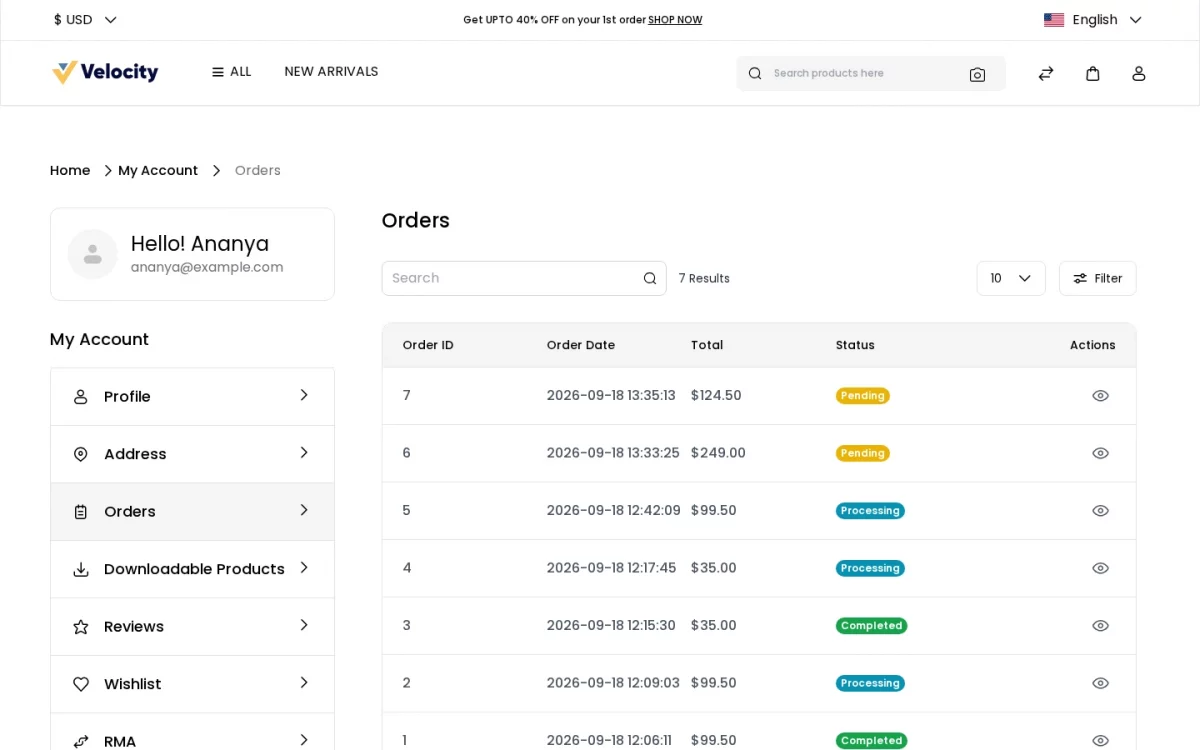 Bagisto Pre Order module customer account orders list showing a pre-order