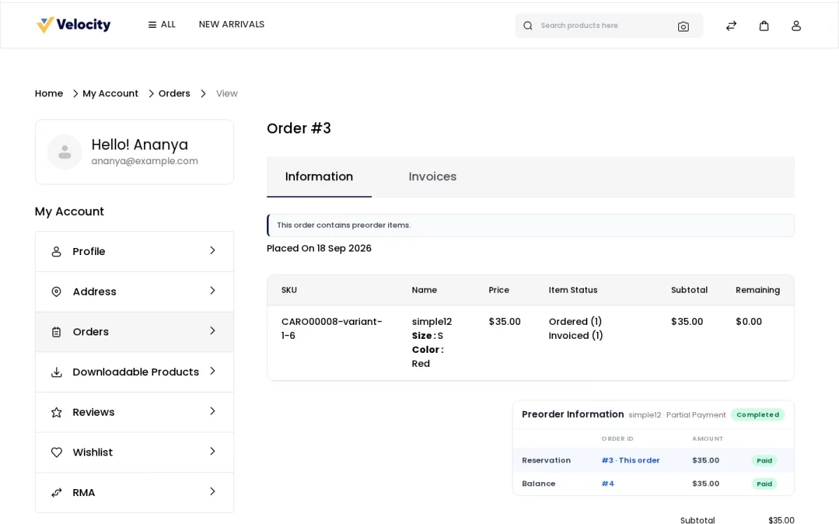 Bagisto Pre Order module customer order details page showing the preorder notice, the remaining column and the reservation and balance orders
