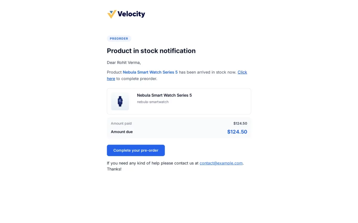 Bagisto Pre Order module in-stock email telling the customer the reserved product has arrived and the balance is due