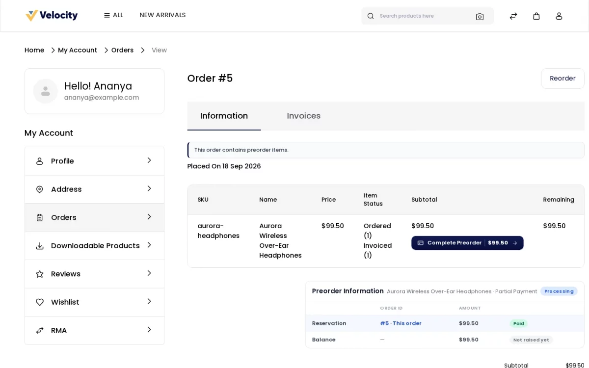 Bagisto Pre Order module customer order page showing the Complete Preorder button with the outstanding balance after restock