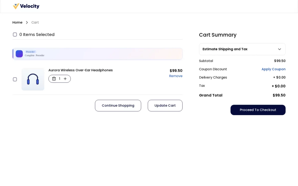 Bagisto Pre Order module cart page showing the remaining pre-order amount ready for payment