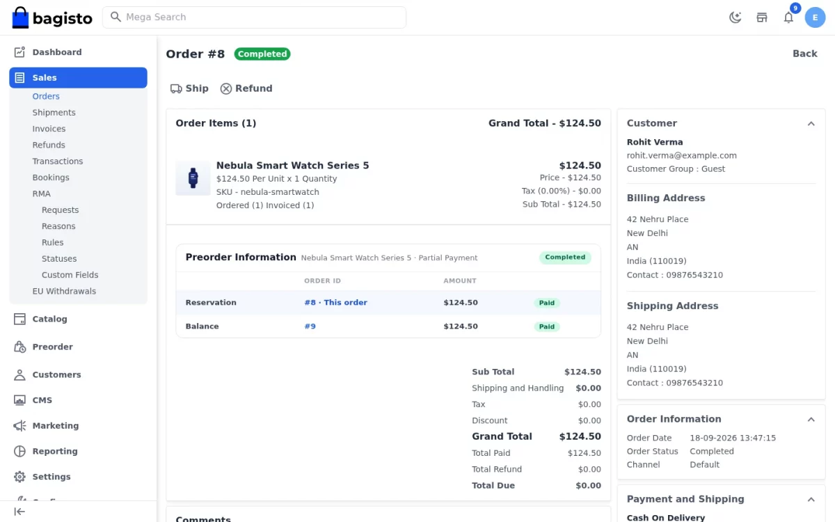 Bagisto Pre Order module admin order page after the balance was paid, with both orders marked paid and the invoice generated