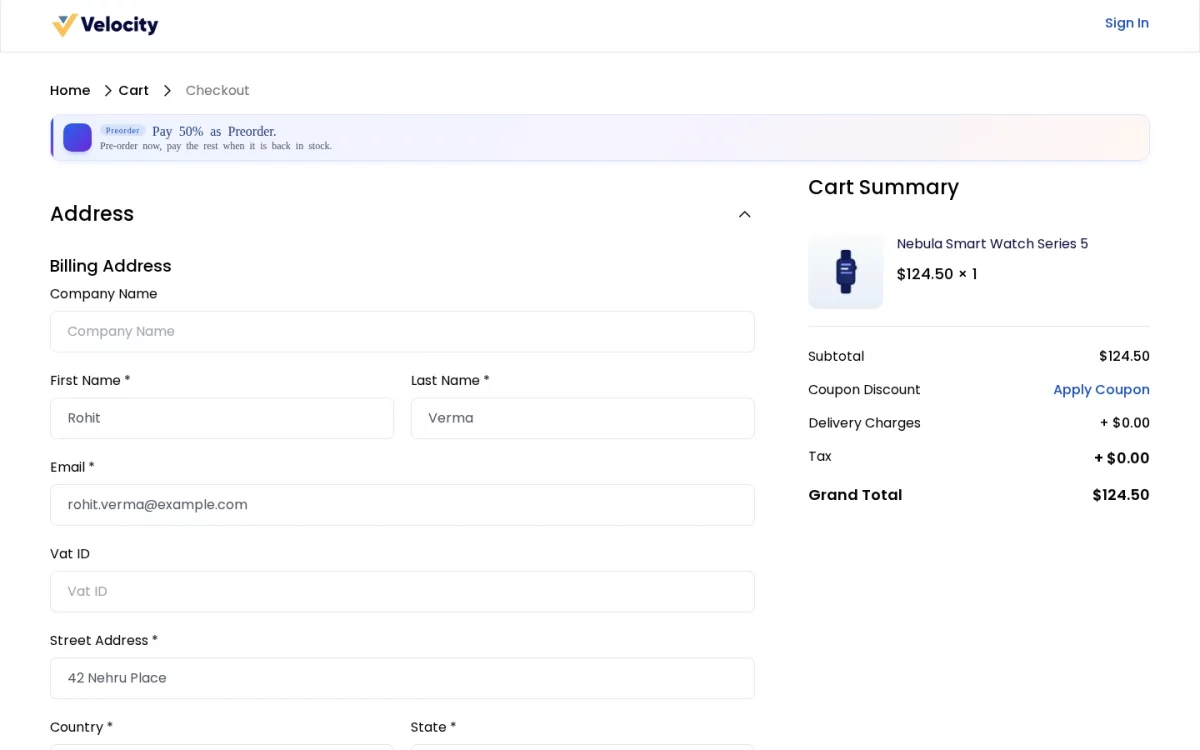 Bagisto Pre Order module guest checkout page showing the pre-order notice and the deposit due