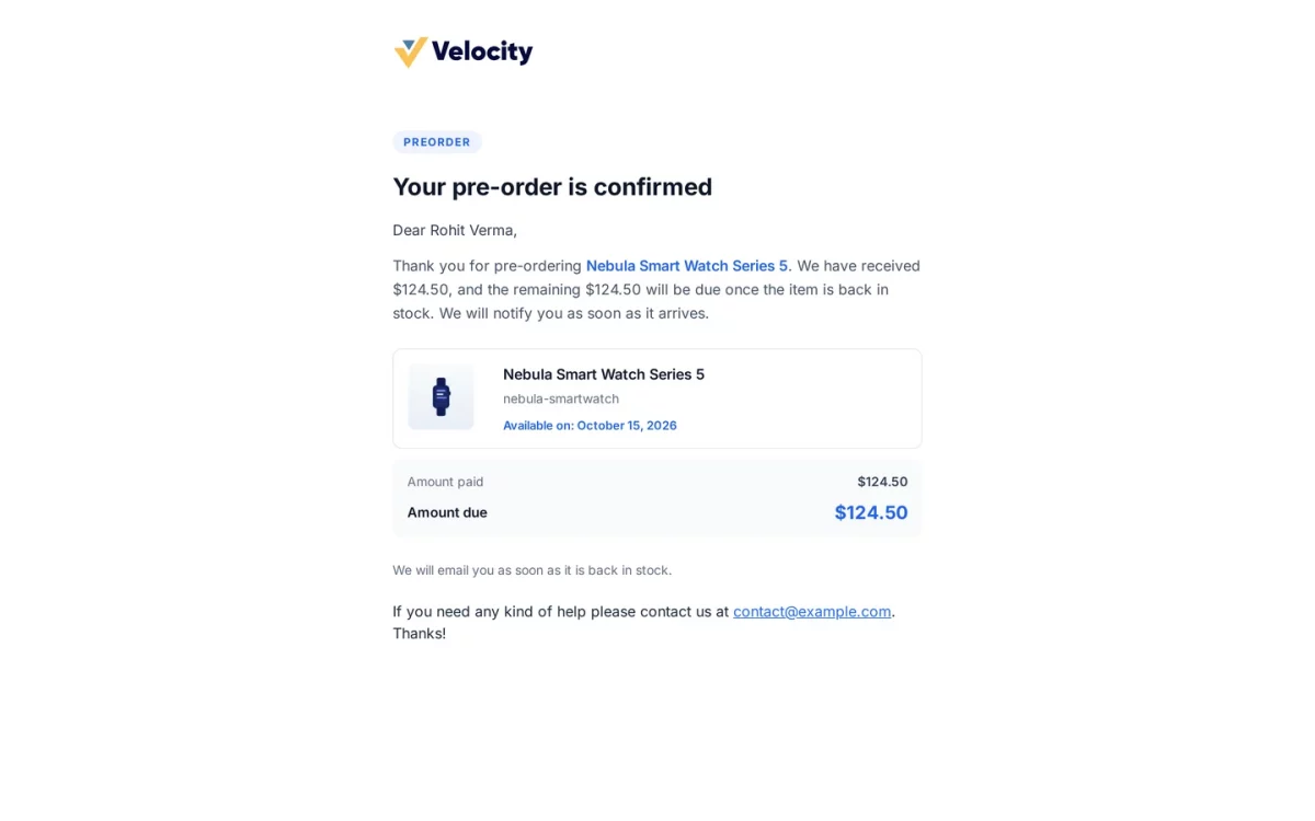 Bagisto Pre Order module confirmation email sent to a guest, showing the amount paid and the balance still due